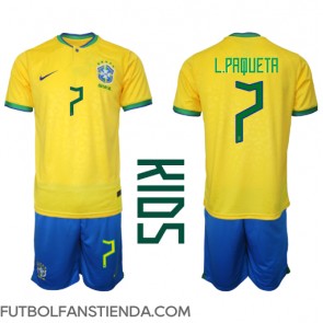 Brasil Lucas Paqueta #7 Primera Equipación Niños Mundial 2022 Manga Corta (+ Pantalones cortos)